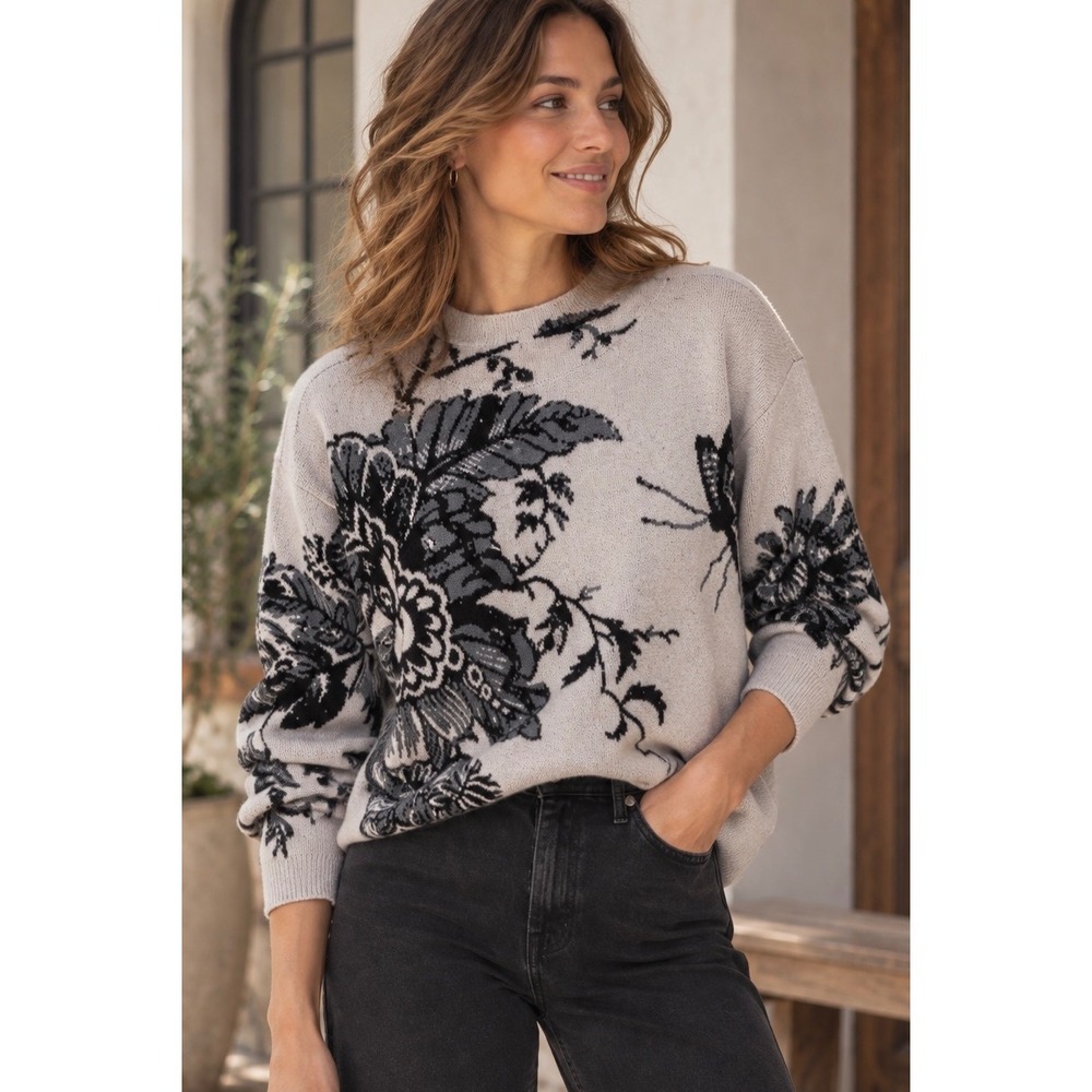 Maeve Gray Floral Butterfly Intarsia Mock Neck Sweater XS Anthropologie Knit